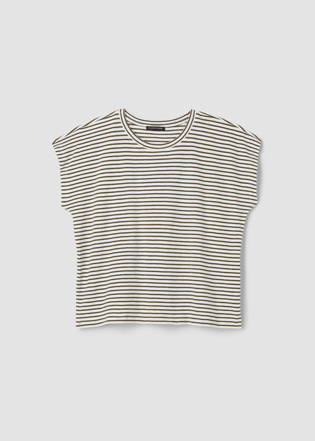 A cropped short-sleeve t-shirt with horizontal stripes in olive green and white, displayed flat against a light gray background.