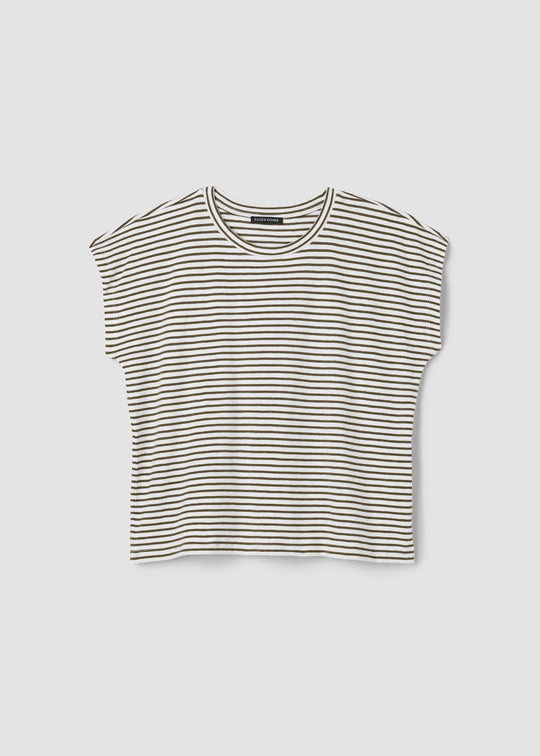 A cropped short-sleeve t-shirt with horizontal stripes in olive green and white, displayed flat against a light gray background.