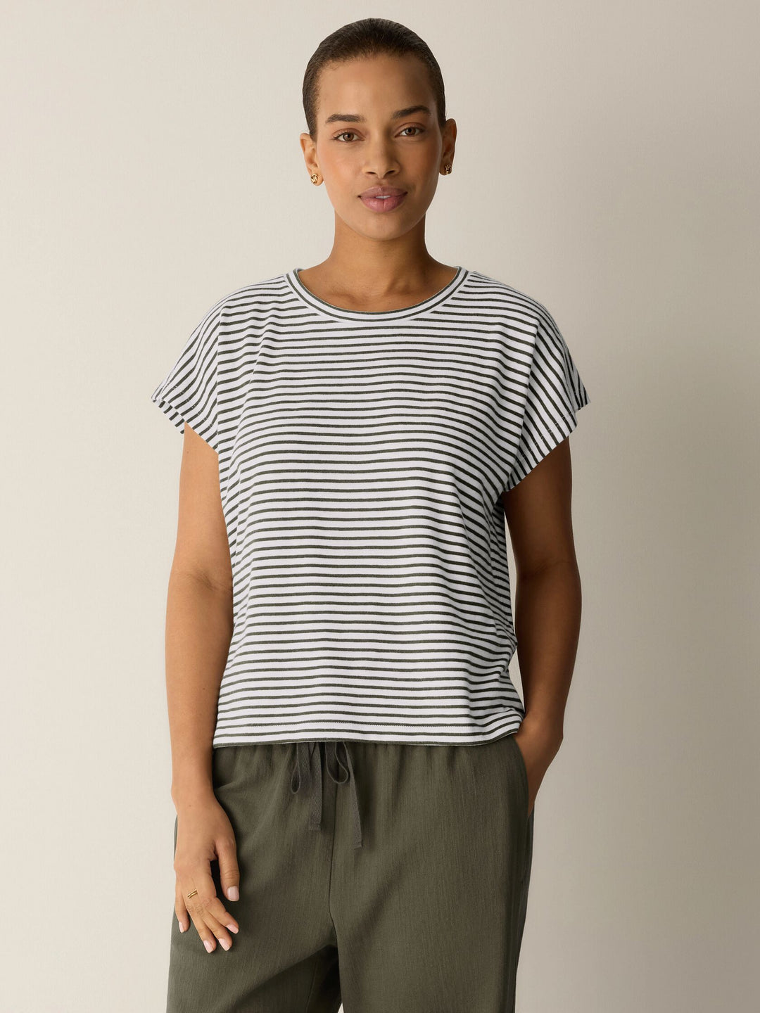 Eileen Fisher Striped Organic Cotton Slub Crew Neck Tee in Olive Stripe