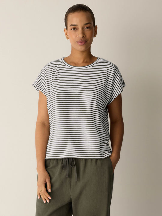 Eileen Fisher Striped Organic Cotton Slub Crew Neck Tee in Olive Stripe