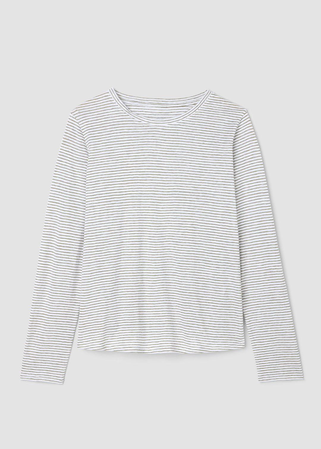 front view of plus size Eileen Fisher Striped Organic Linen Jersey Crew Neck Long Sleeve Tee in Bayleaf Stripe