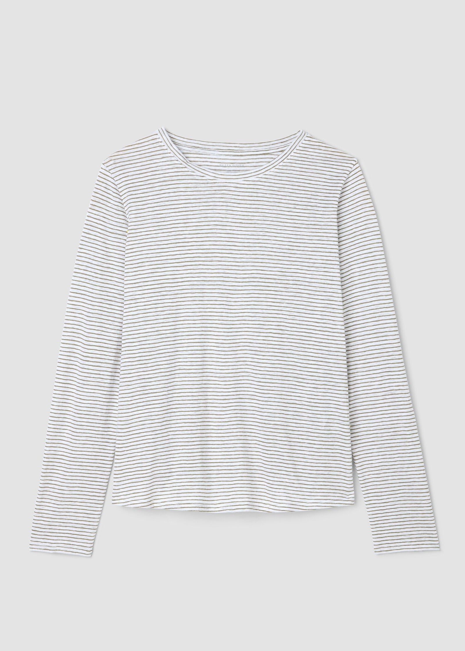 front view of plus size Eileen Fisher Striped Organic Linen Jersey Crew Neck Long Sleeve Tee in Bayleaf Stripe