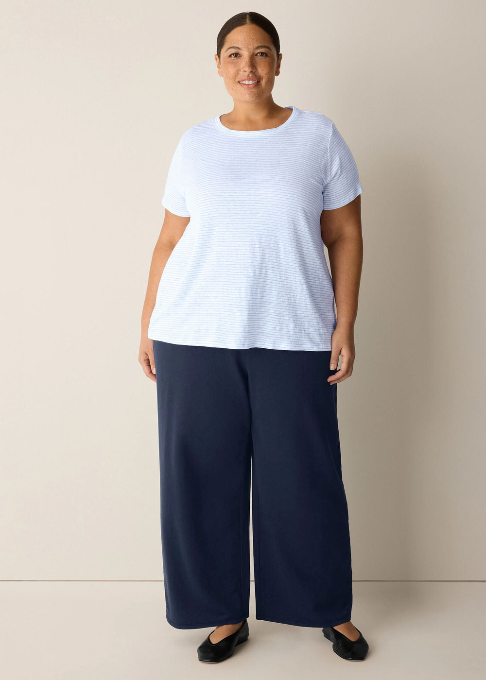 Front view of plus size Eileen Fisher Crew Neck Striped short sleeve Tee in Skylight