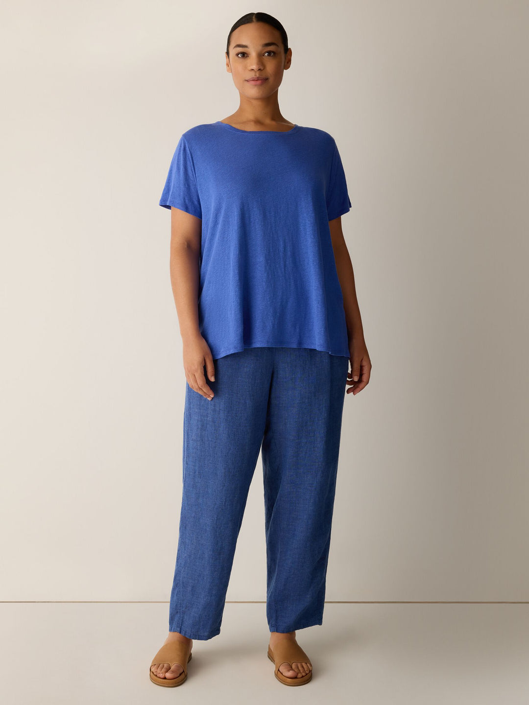 Eileen Fisher Organic Linen Jersey Crew Neck Short Sleeve Tee in Blue Star