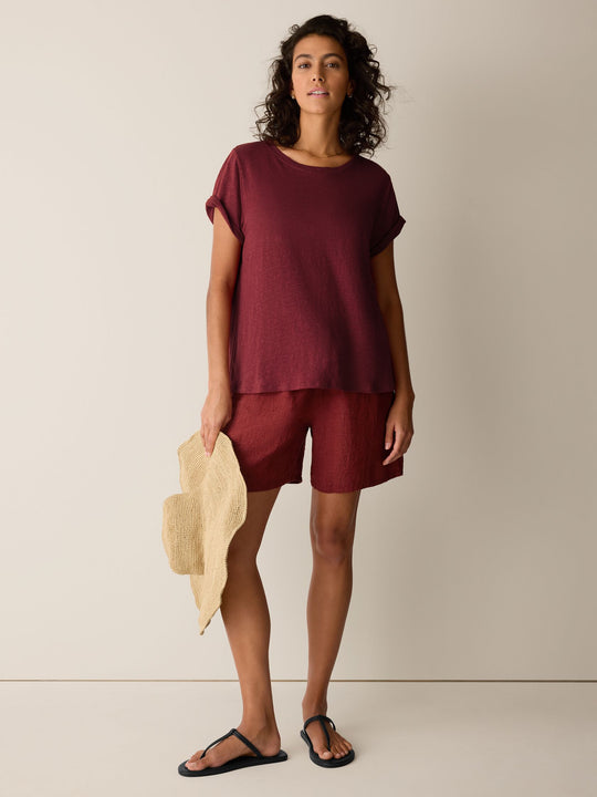 Eileen Fisher Organic Linen Jersey Crewneck Short Sleeve Tee in Sundried Tomato