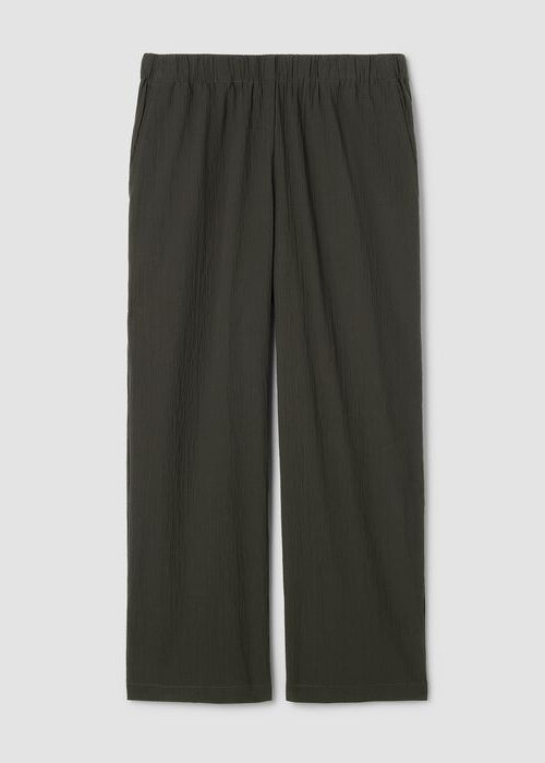 Seaweed green wide-leg ankle pants with pucker texture and elastic waistband
