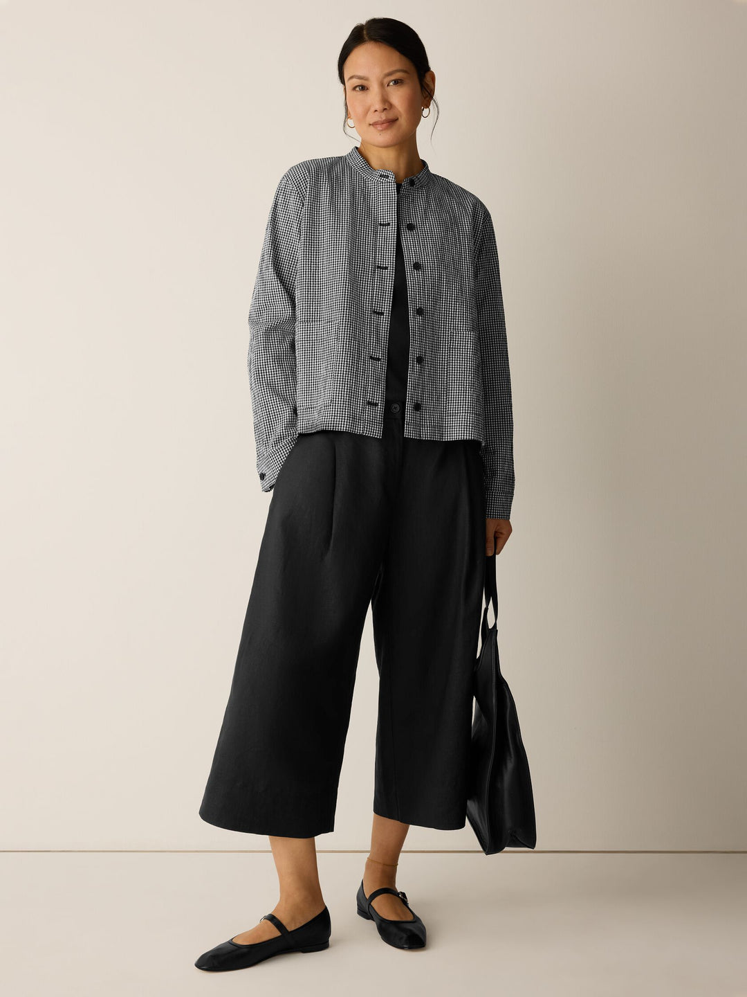 Eileen Fisher Organic Cotton Pucker Check Mandarin Collar Shirt Jacket in Black/White