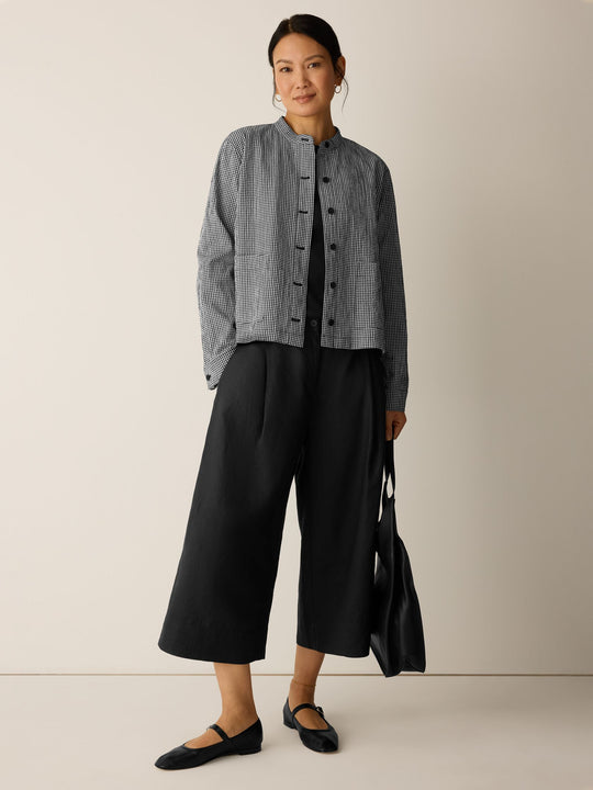 Eileen Fisher Organic Cotton Pucker Check Mandarin Collar Shirt Jacket in Black/White