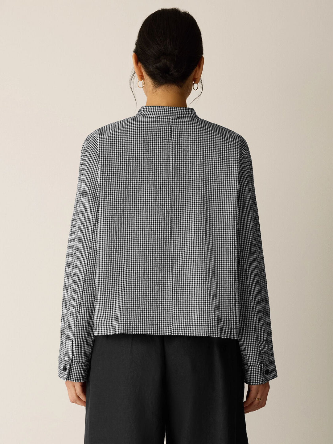 Eileen Fisher Organic Cotton Pucker Check Mandarin Collar Shirt Jacket in Black/White