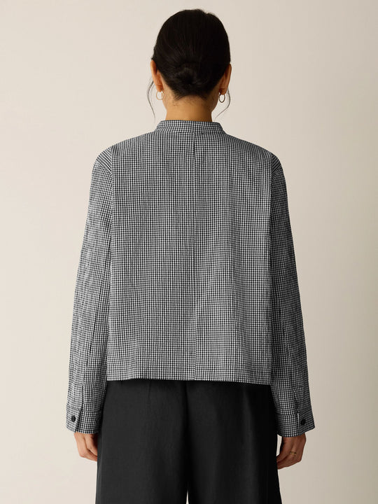 Eileen Fisher Organic Cotton Pucker Check Mandarin Collar Shirt Jacket in Black/White
