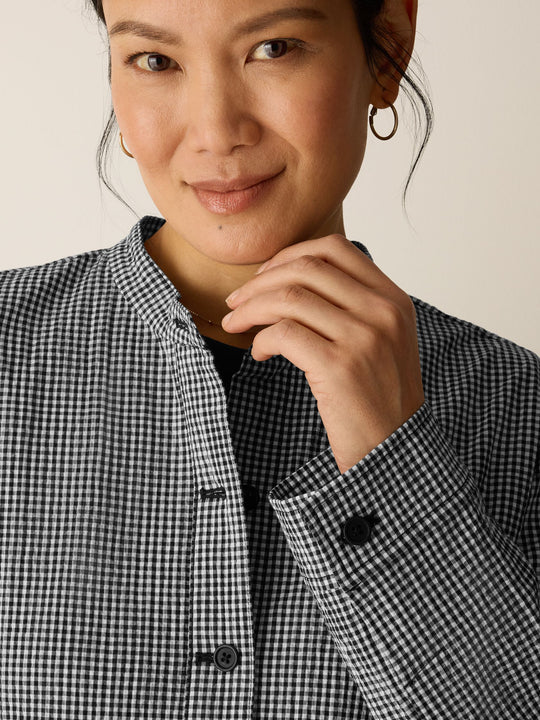 Eileen Fisher Organic Cotton Pucker Check Mandarin Collar Shirt Jacket in Black/White