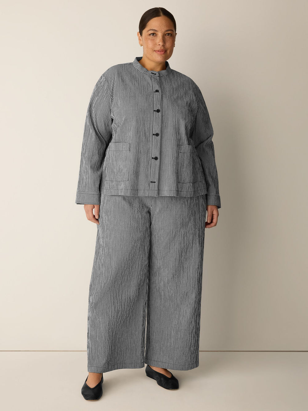 Eileen Fisher Organic Cotton Pucker Check Mandarin Collar Shirt Jacket in Black/White