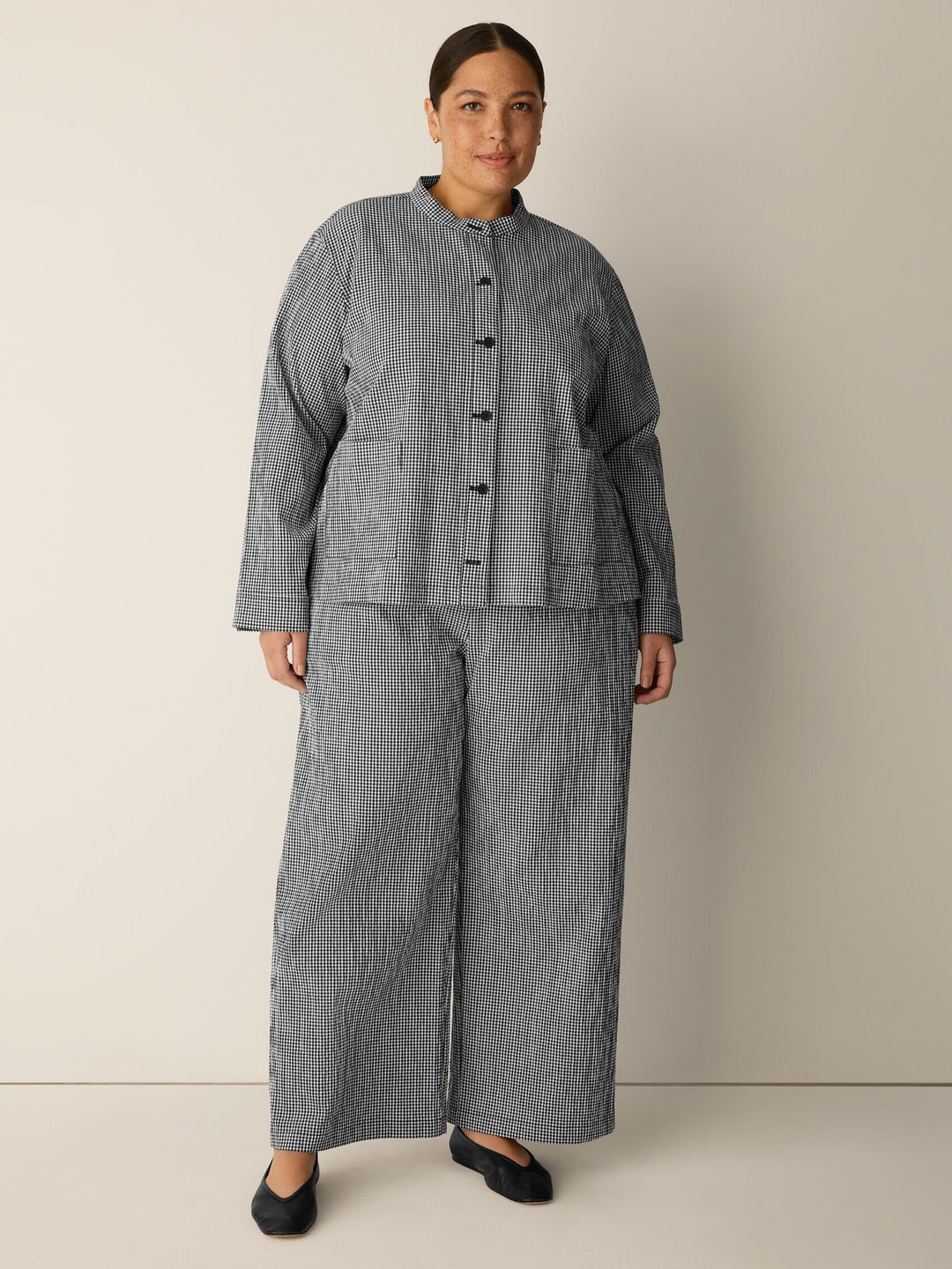 Eileen Fisher Organic Cotton Pucker Check Mandarin Collar Shirt Jacket in Black/White