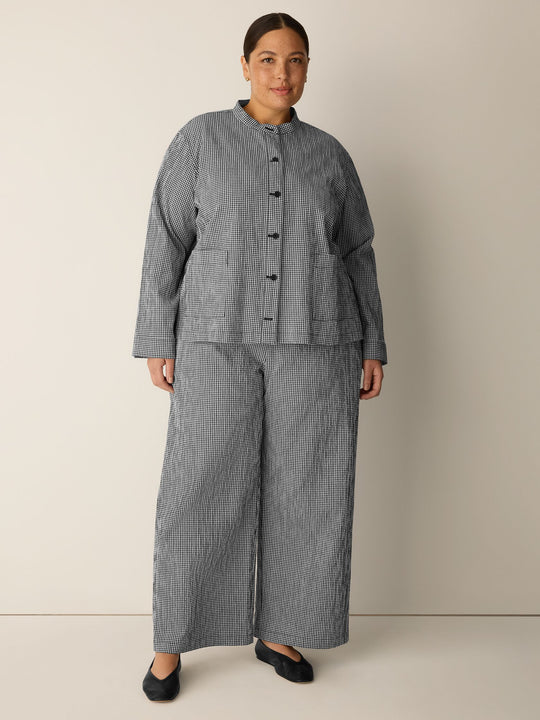 Eileen Fisher Organic Cotton Pucker Check Mandarin Collar Shirt Jacket in Black/White