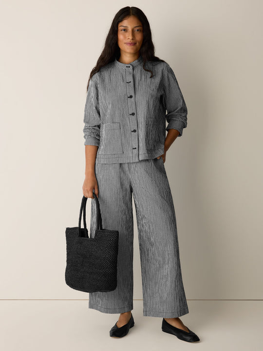 Eileen Fisher Organic Cotton Pucker Check Mandarin Collar Shirt Jacket in Black/White