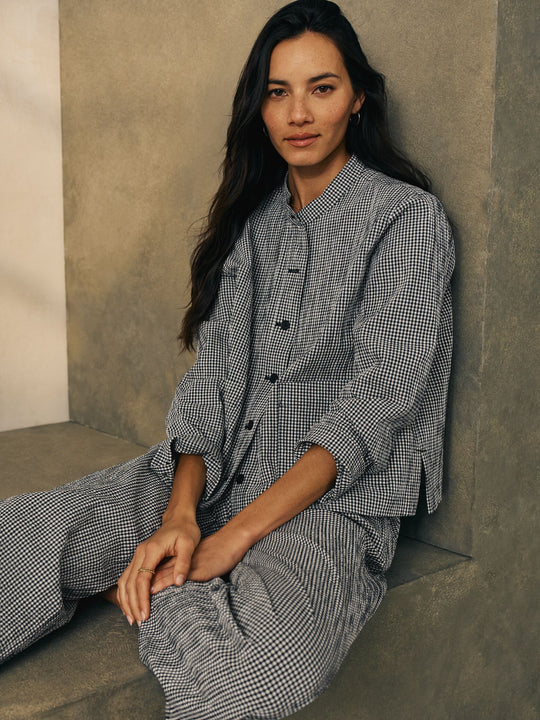 Eileen Fisher Organic Cotton Pucker Check Mandarin Collar Shirt Jacket in Black/White