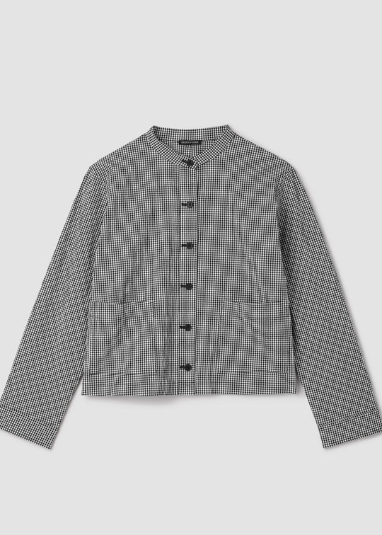 Eileen Fisher Organic Cotton Pucker Check Mandarin Collar Shirt Jacket in Black/White