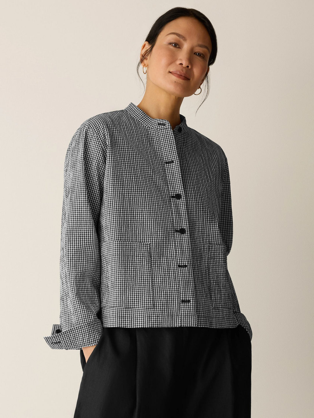 Eileen Fisher Organic Cotton Pucker Check Mandarin Collar Shirt Jacket in Black/White