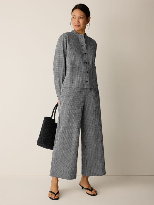 Wide leg ankle pants in black and white check pattern with matching button-up top