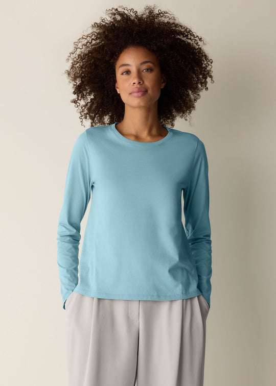 front view of plus size Eileen Fisher Organic Pima Cotton Jersey Long Sleeve Tee in Seafoam