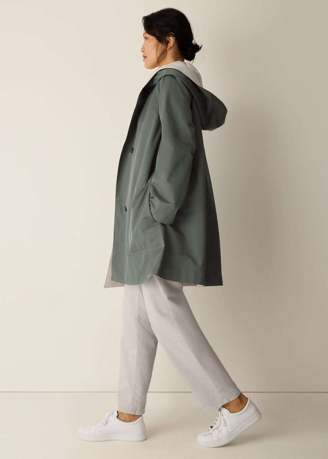 size view of plus size Eileen Fisher Cotton Nylon Reversible Hooded Coat in Bayleaf