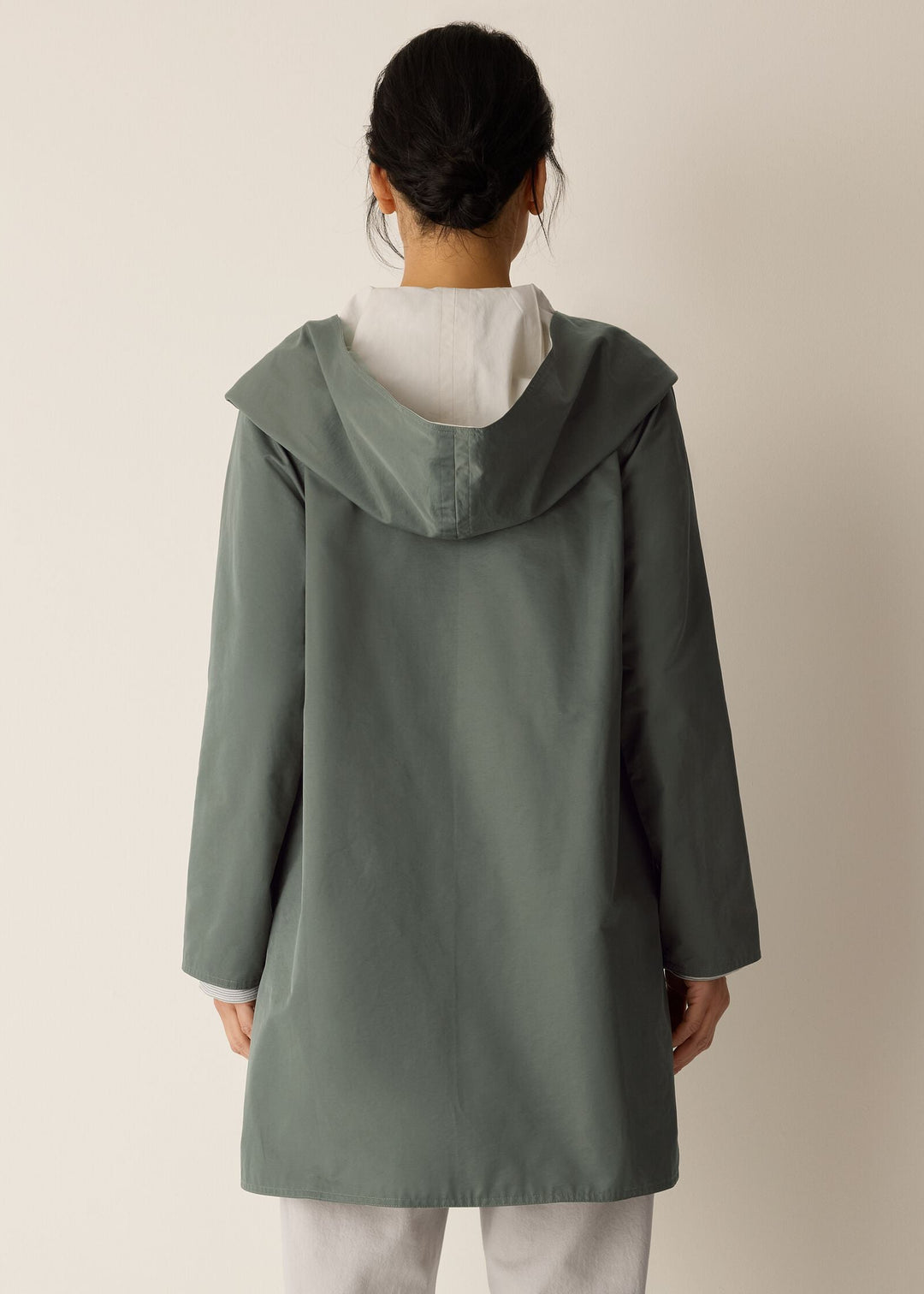 back of plus size Eileen Fisher Cotton Nylon Reversible Hooded Coat in Bayleaf