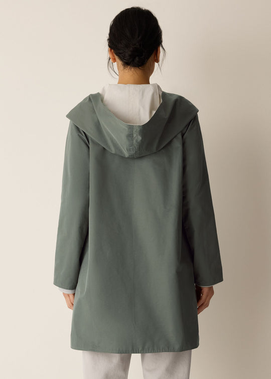 back of plus size Eileen Fisher Cotton Nylon Reversible Hooded Coat in Bayleaf