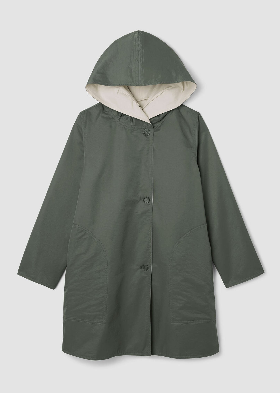 front view of plus size Eileen Fisher Cotton Nylon Reversible Hooded Coat in Bayleaf