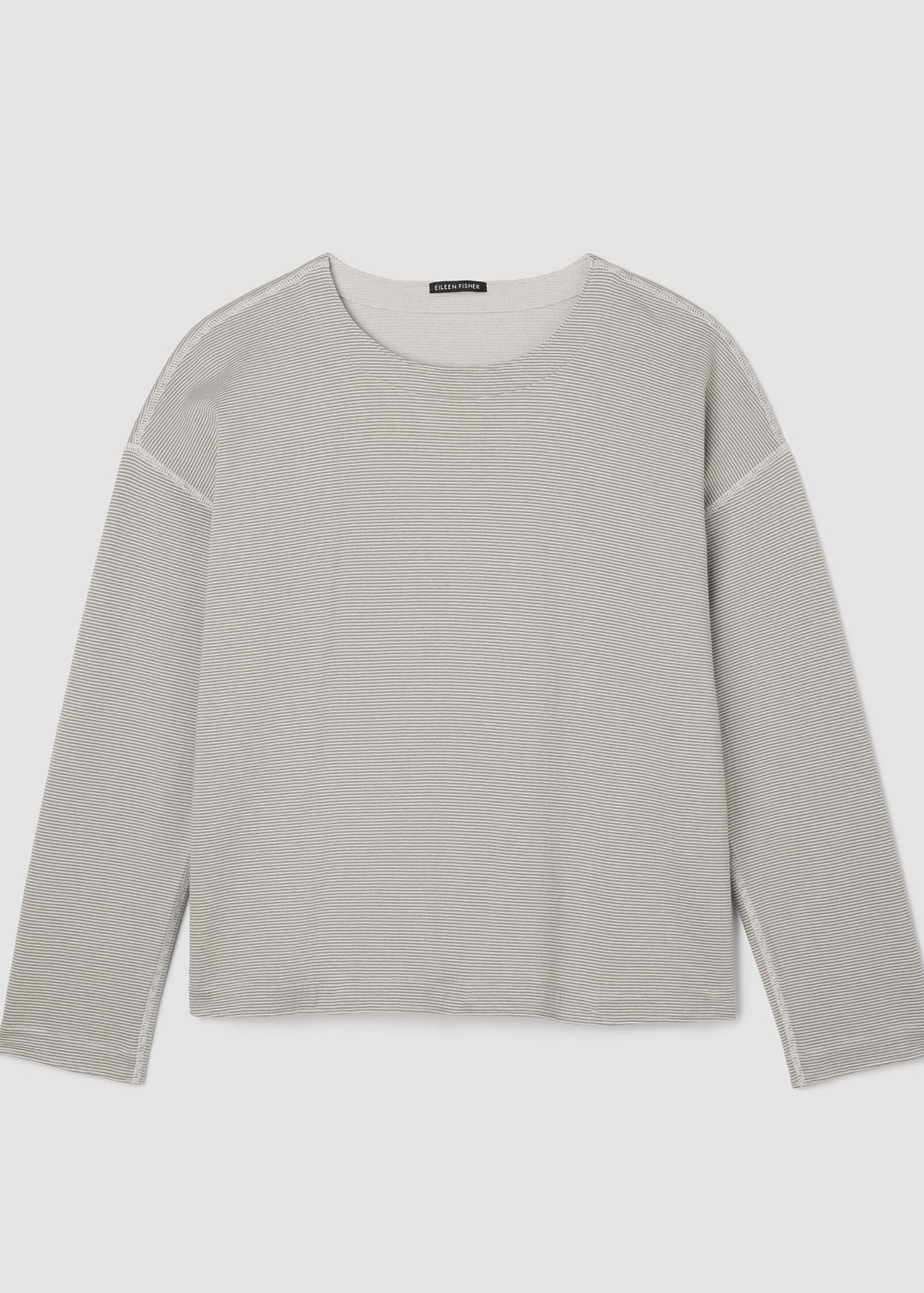 front view of plus size Eileen Fisher Double Knit Organic Round Neck Reversible Striped Top in Bayleaf