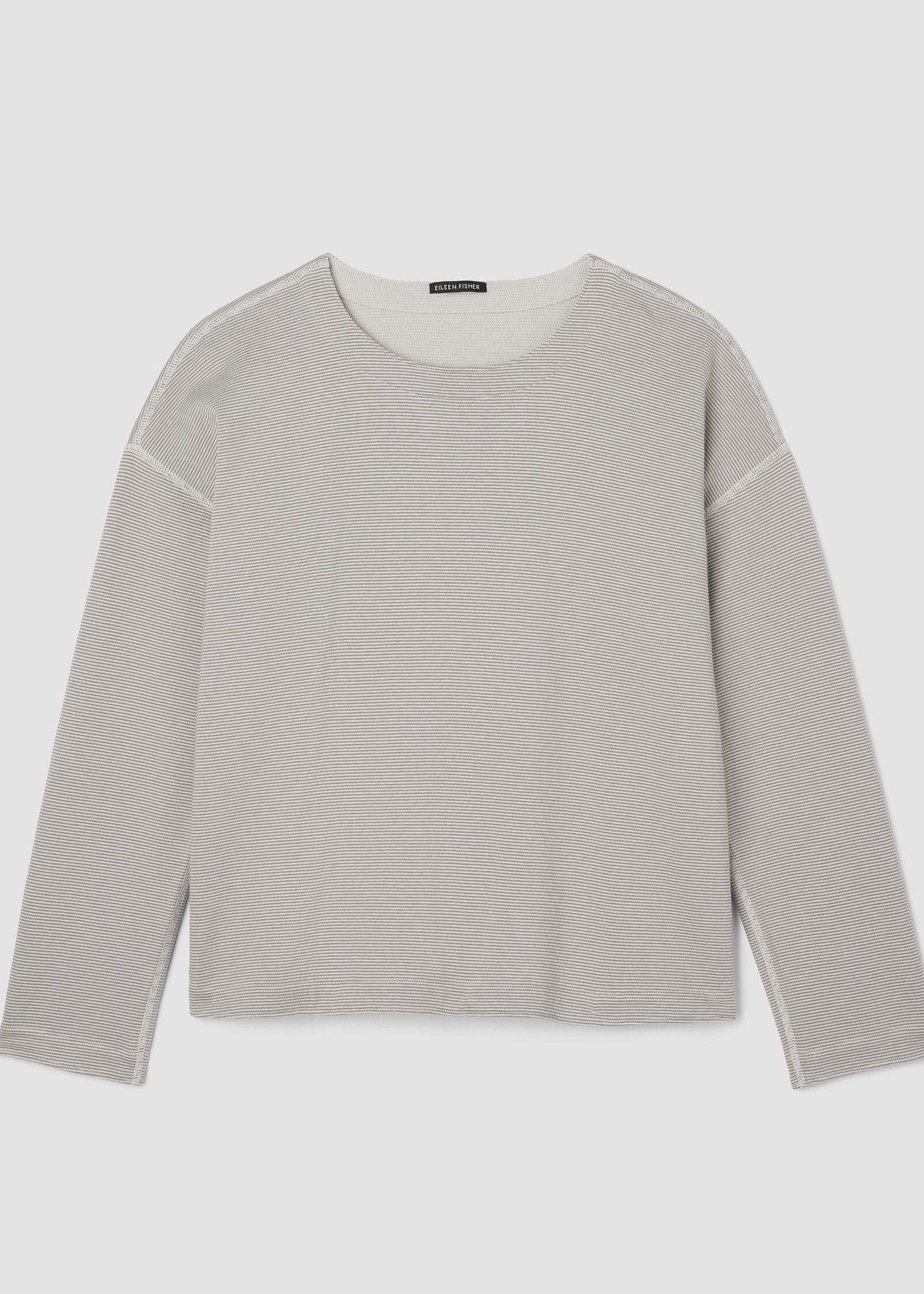 front view of plus size Eileen Fisher Double Knit Organic Round Neck Reversible Striped Top in Bayleaf