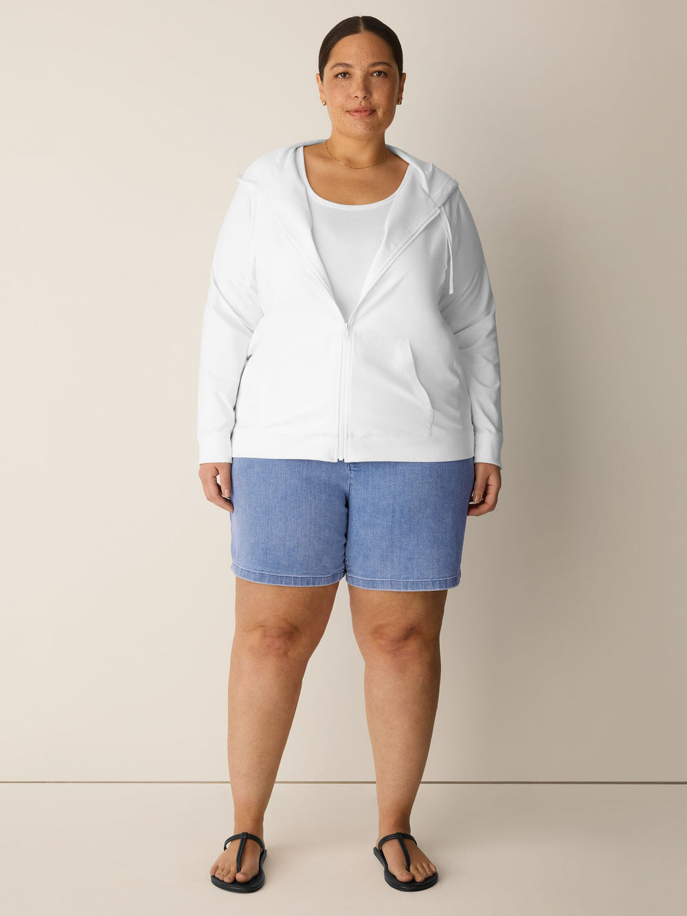 Eileen Fisher Pima Cotton Stretch Jersey Hooded Zip Up Jacket in White