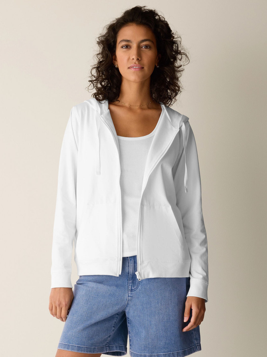 Eileen Fisher Pima Cotton Stretch Jersey Hooded Zip Up Jacket in White