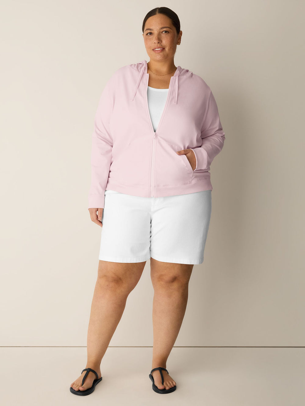Eileen Fisher Pima Cotton Stretch Jersey Hooded Zip Up Jacket in Crystal Pink