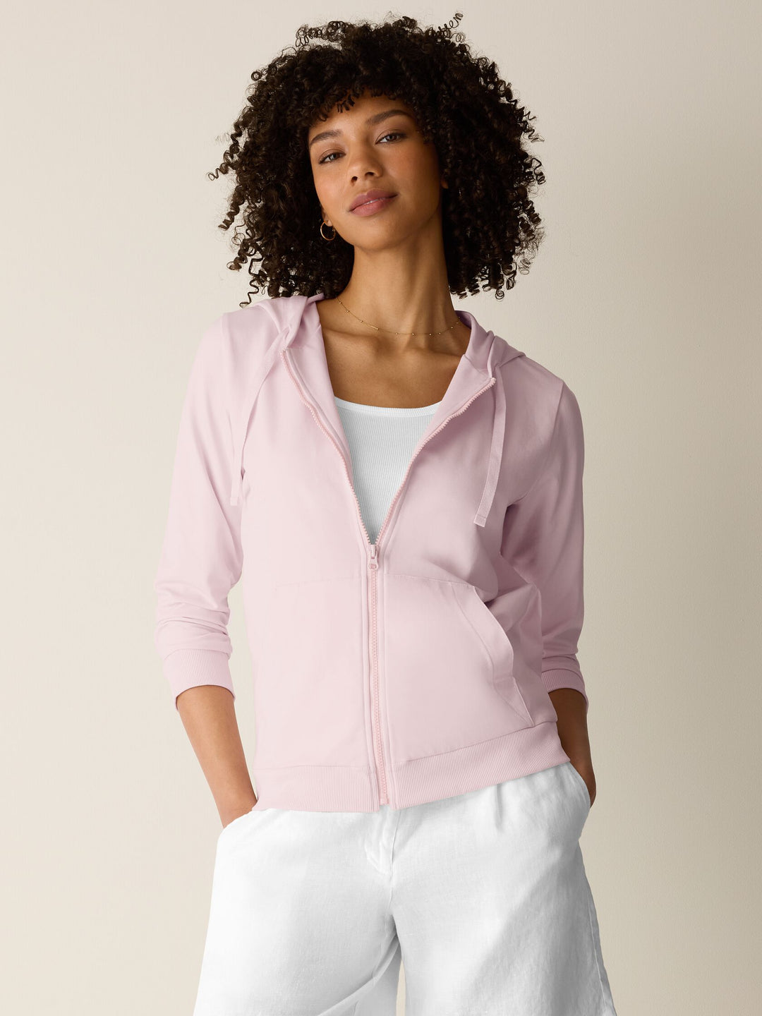 Eileen Fisher Pima Cotton Stretch Jersey Hooded Zip Up Jacket in Crystal Pink