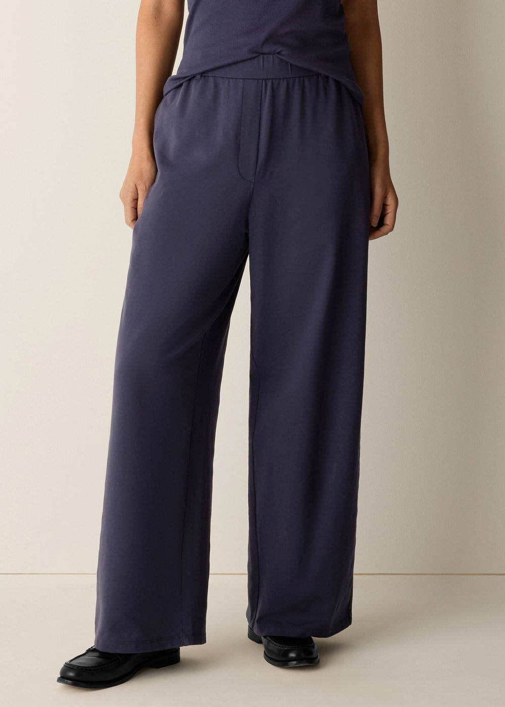 Front view of plus size Eileen Fisher Organic Cotton Stretch Jersey High Waisted Wide Leg Pant