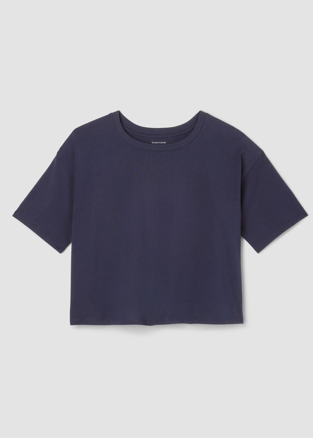 Front view of plus size Eileen Fisher Organic Cotton Stretch Jersey Crew Neck Boxy Tee in Ink