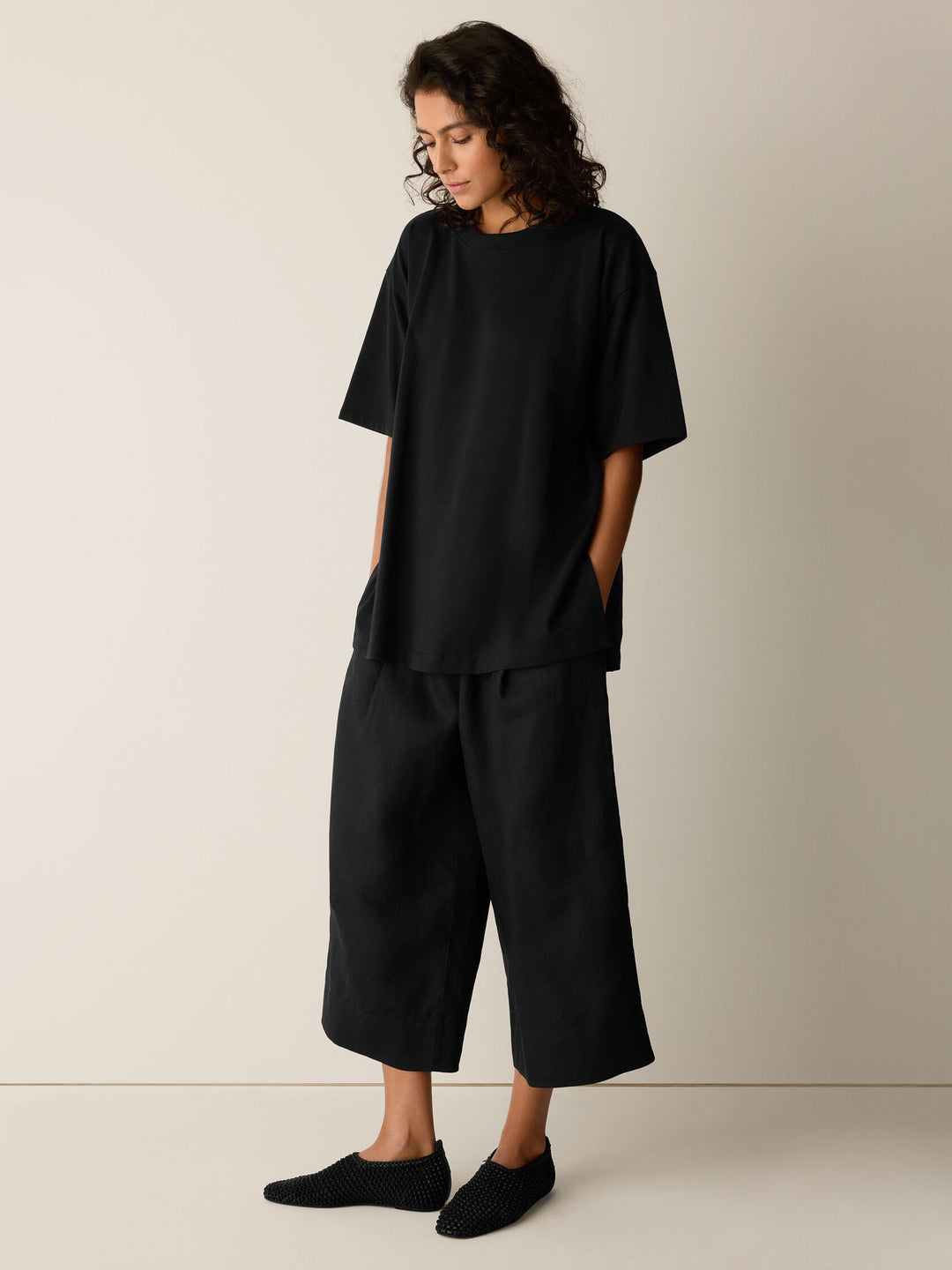 Eileen Fisher Pima Cotton Stretch Jersey Crew Neck Elbow Sleeve Tunic in Black