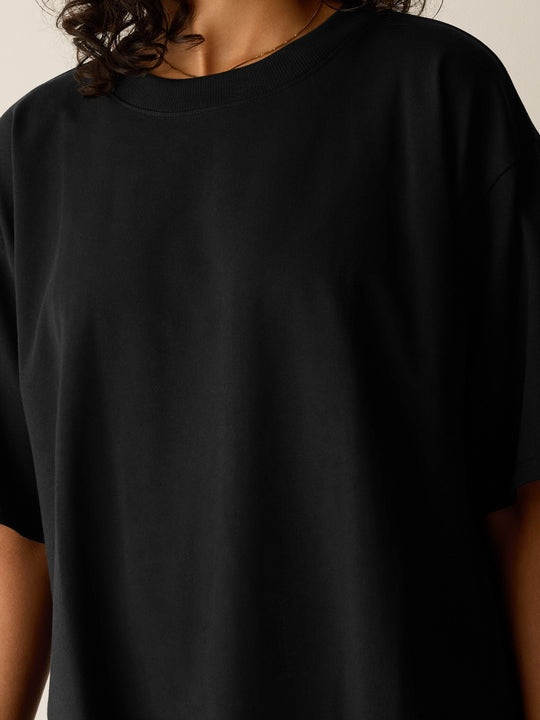 Eileen Fisher Pima Cotton Stretch Jersey Crew Neck Elbow Sleeve Tunic in Black