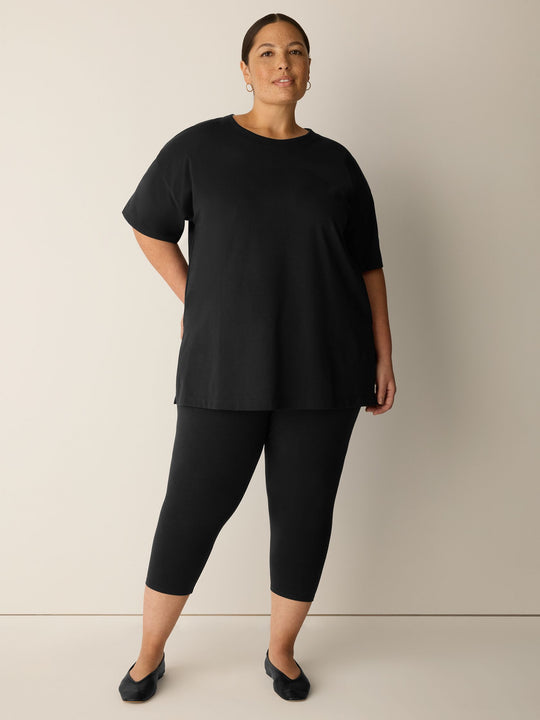 Eileen Fisher Pima Cotton Stretch Jersey Crew Neck Elbow Sleeve Tunic in Black