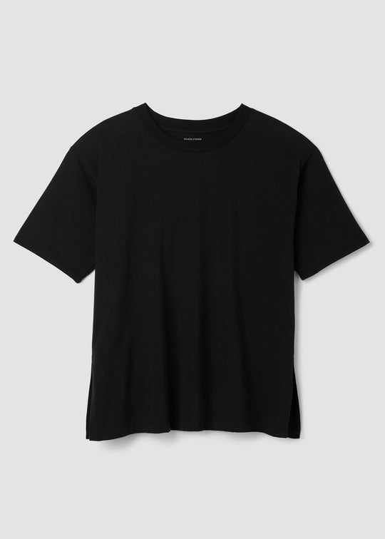 Black t-shirt on a light gray background