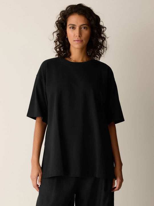 Eileen Fisher Pima Cotton Stretch Jersey Crew Neck Elbow Sleeve Tunic in Black