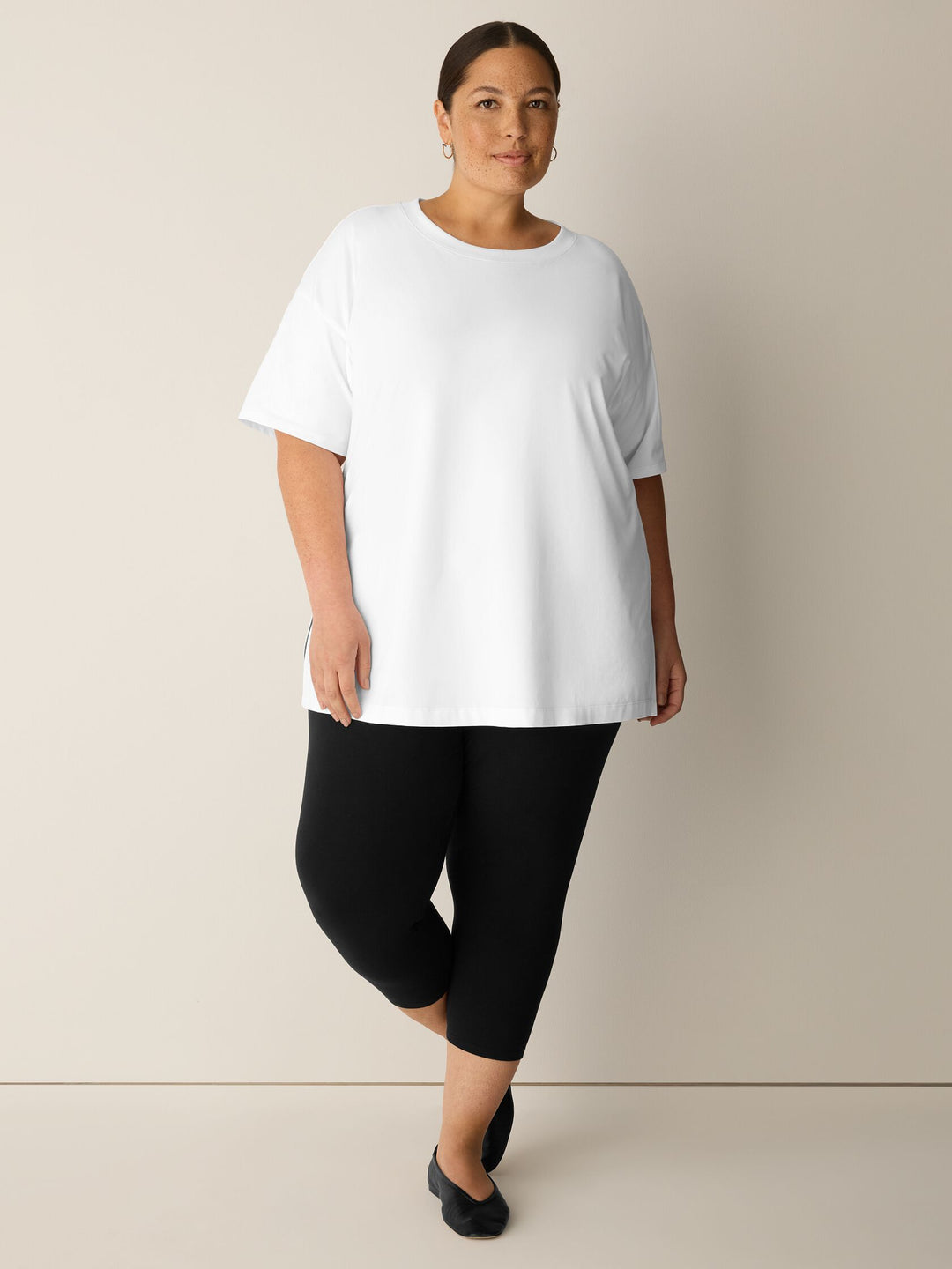 Eileen Fisher Pima Cotton Stretch Jersey Crew Neck Elbow Sleeve Tunic in White