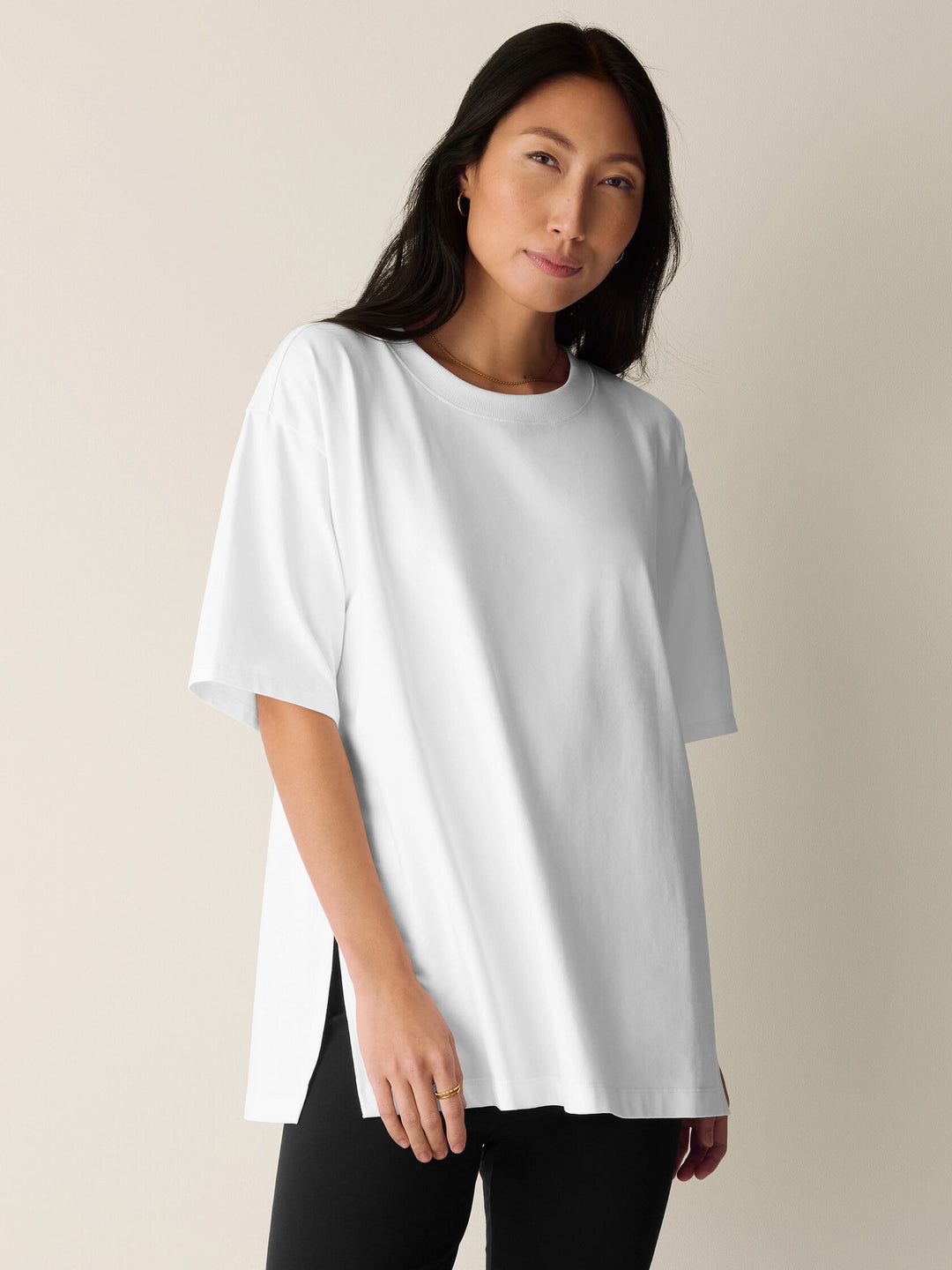Eileen Fisher Pima Cotton Stretch Jersey Crew Neck Elbow Sleeve Tunic in White