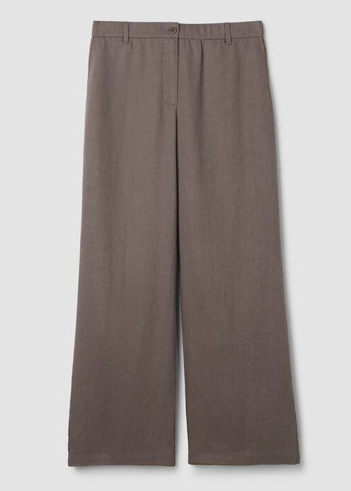 High-waisted wide-leg linen trousers in warm brown, flat lay front view