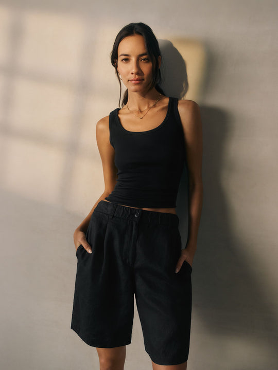 Eileen Fisher High-Waisted Organic Linen Walking Shorts in Black