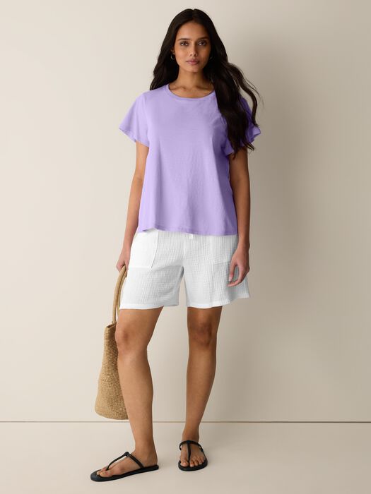 Lavender crew neck cap-sleeve slubby jersey tee with straight hem, short sleeves