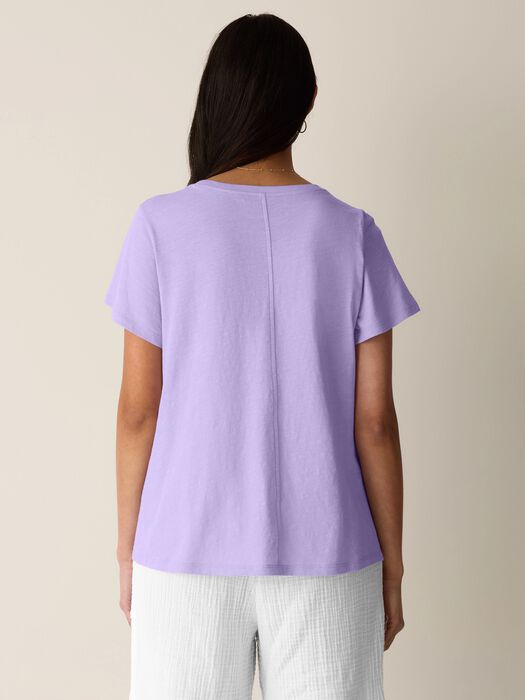 Lavender crew neck cap-sleeve tee, back view with center seam, short sleeves