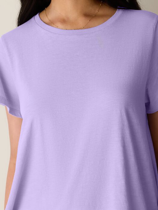 Lavender crew neck tee collar detail with soft slubby jersey texture