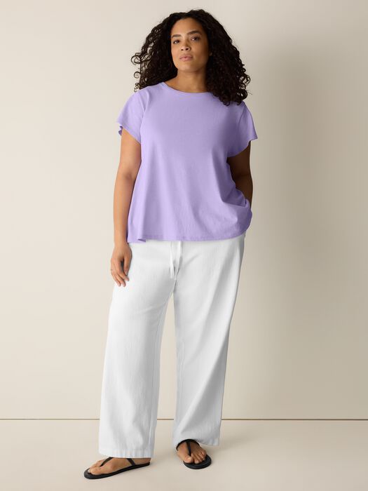 Lavender crew neck cap-sleeve slubby jersey tee, draped relaxed fit