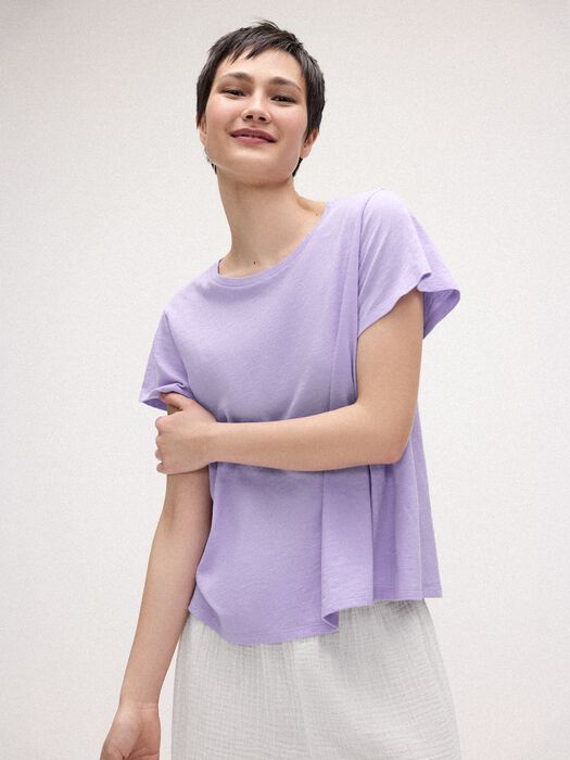 Lavender crew neck cap-sleeve tee with drape and short sleeves, slubby jersey